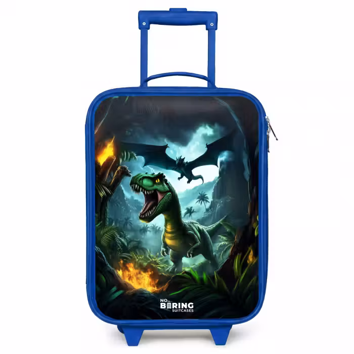 Children's suitcase - Blue - Dinosaur and dragon in fiery jungle valley