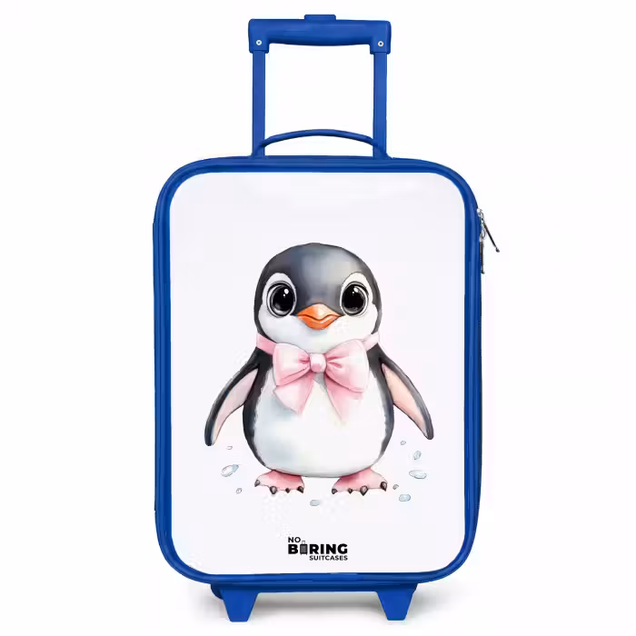 Children's suitcase - Blue - Penguin with pink bow and ice drops