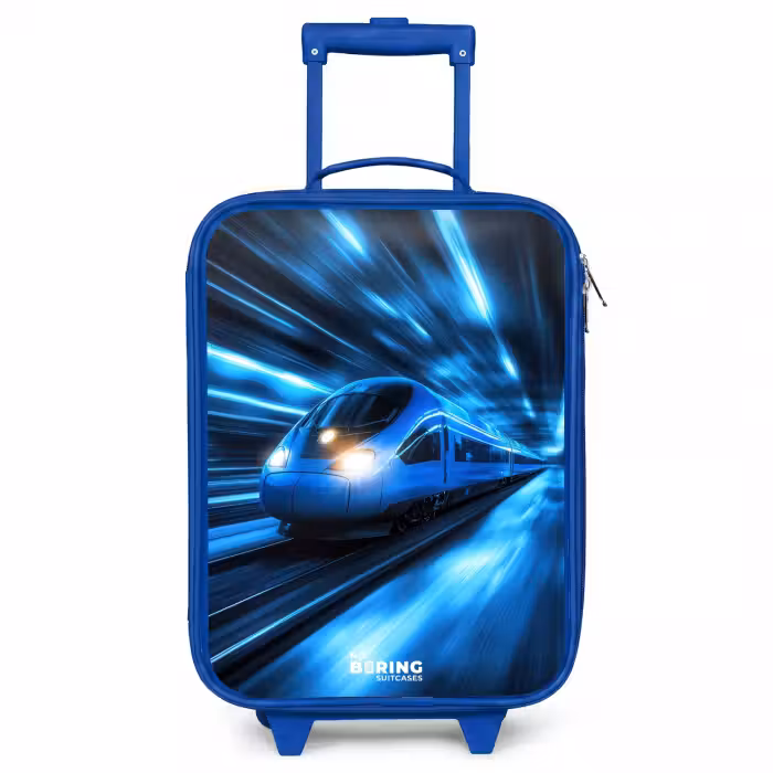 Children's suitcase - Blue - Superfast train in neon blue tunnel