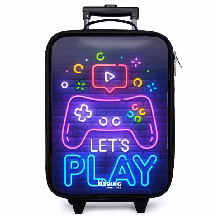 Children's suitcase - Neon controller against a brick wall