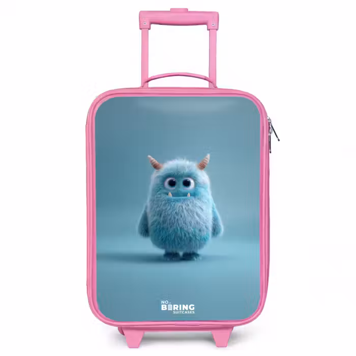 Children's suitcase - Pink - Blue fluffy monster with horns
