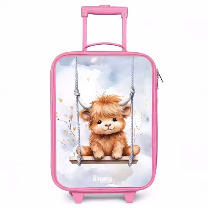 Children's suitcase - Pink - Rocking Scottish highlander calf of watercolor