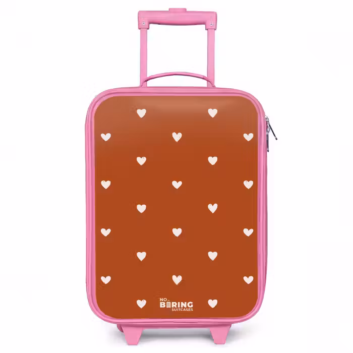 Children's suitcase - Pink - White heart pattern on orange brown background