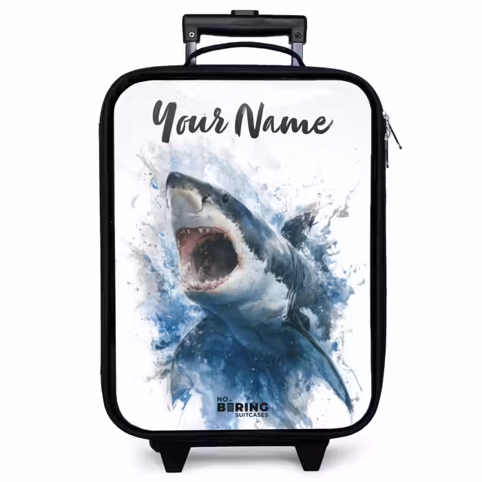 Children's suitcase with name - Attacking shark in watercolor