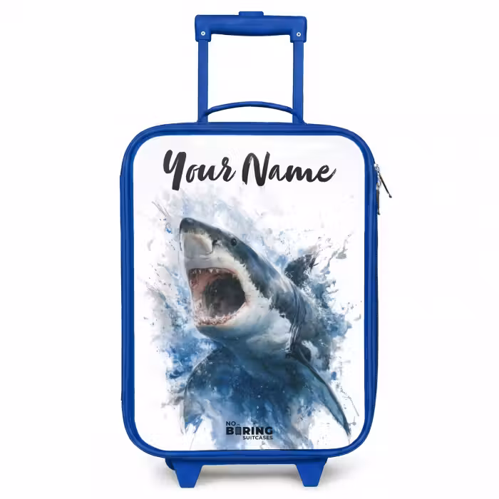 Children's suitcase with name - Blue - Attacking shark in watercolor
