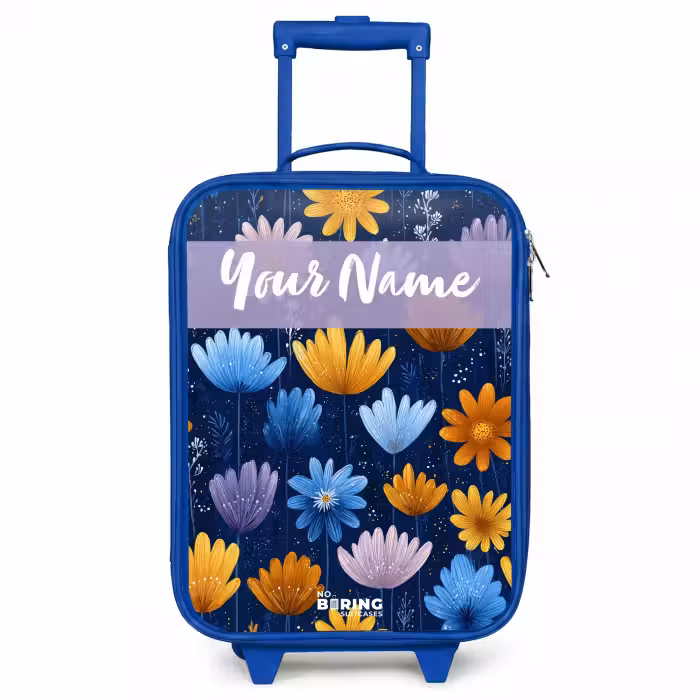 Children's suitcase with name - Blue - Flowers - Pattern - Blue