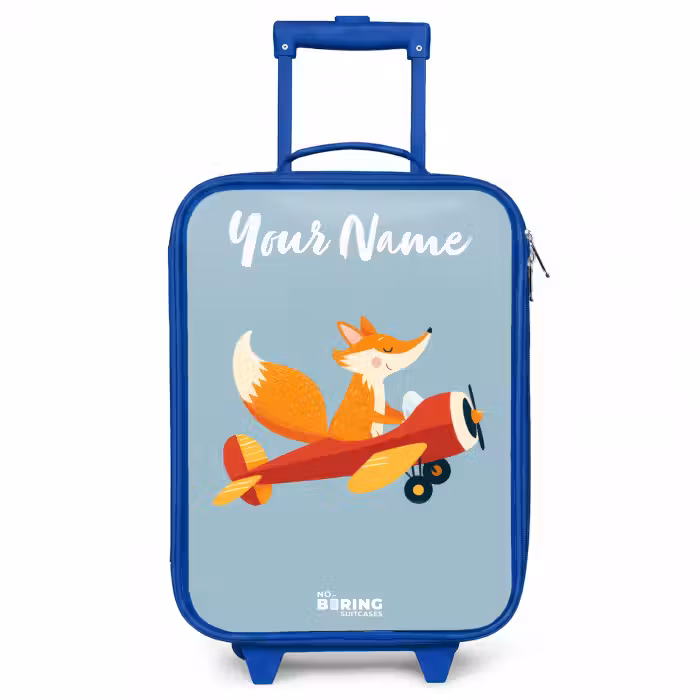 Children's suitcase with name - Blue - Fox - Airplane - Flies