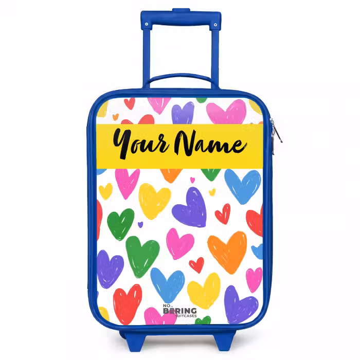 Children's suitcase with name - Blue - Hearts - Pattern - Colorful