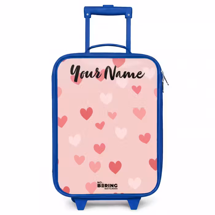 Children's suitcase with name - Blue - Hearts - Pattern - Pink