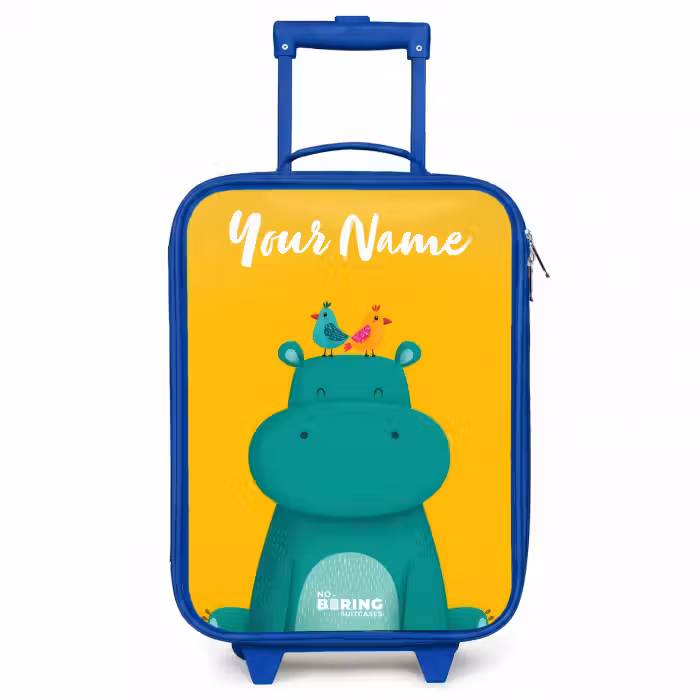 Children's suitcase with name - Blue - Hippo - Birds - Yellow