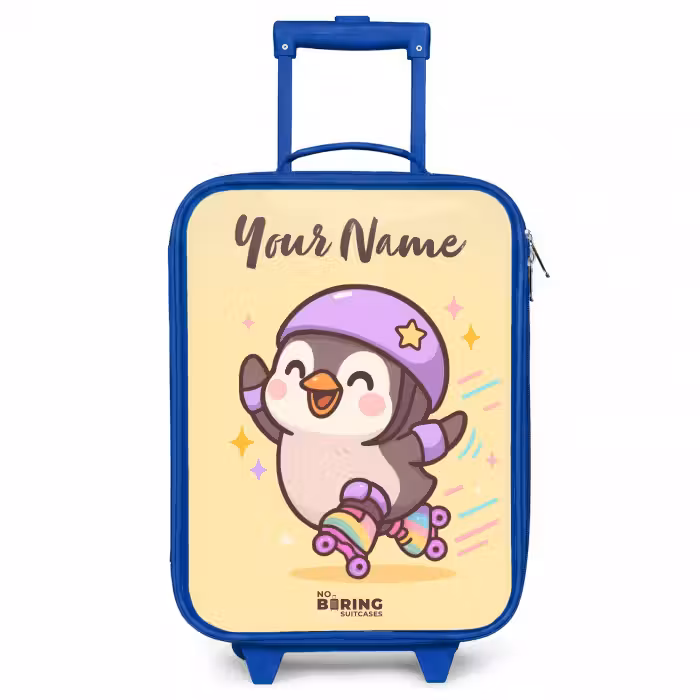 Children's suitcase with name - Blue - Kawai - Penguin - Roller skates