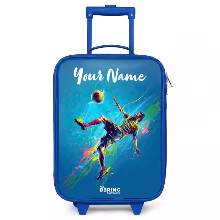 Children's suitcase with name - Blue - Neon - Football - Kick - Colorful