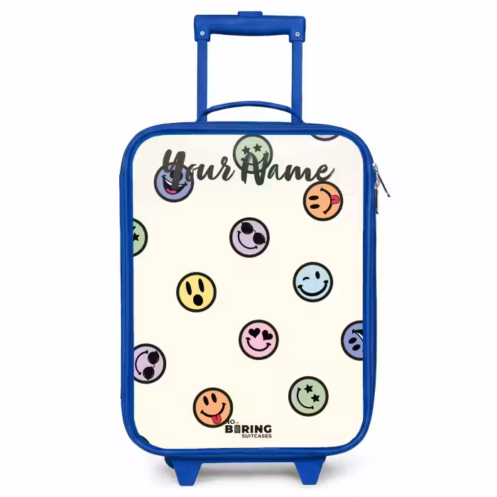 Children's suitcase with name - Blue - Playful smiley mix