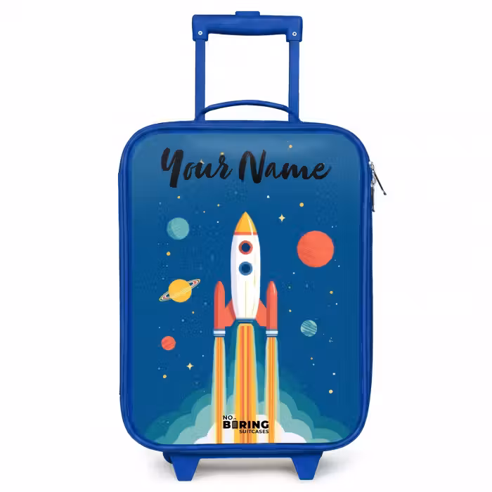 Children's suitcase with name - Blue - Rocket - Planet - Stars - Multicolored