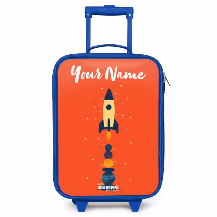 Children's suitcase with name - Blue - Rocket - Stars - Planets