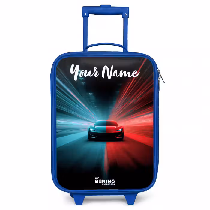 Children's suitcase with name - Blue - Sports car - Blue - Neon - City