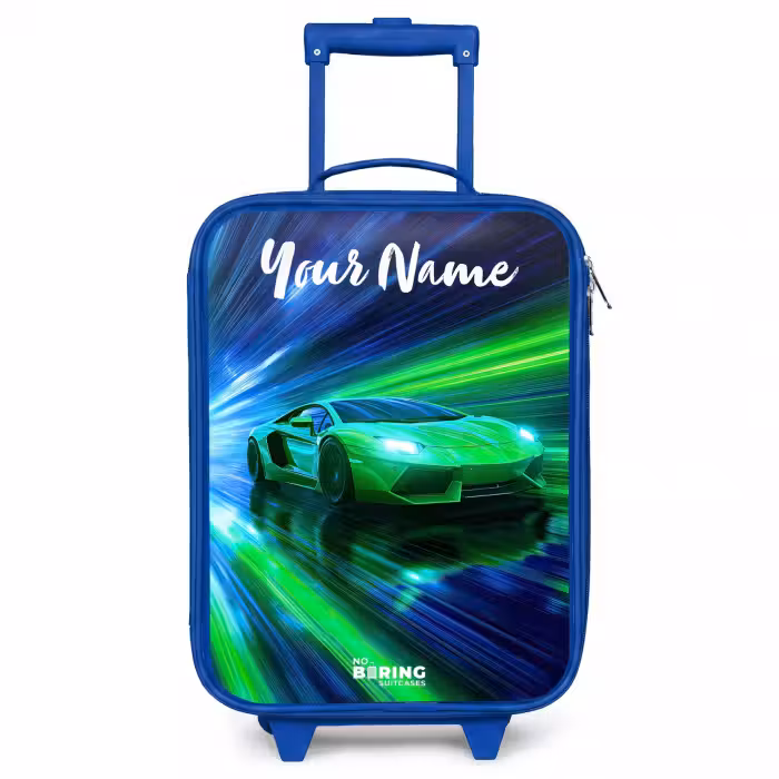 Children's suitcase with name - Blue - Sports car - Green - Speed Lines - Neon