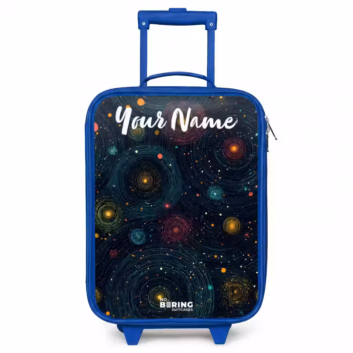 Children's suitcase with name - Blue - Stars - Planets - Colorful