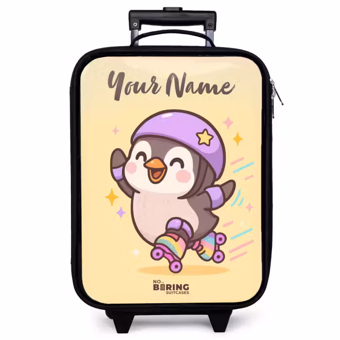 Children's suitcase with name - Kawai - Penguin - Roller skates
