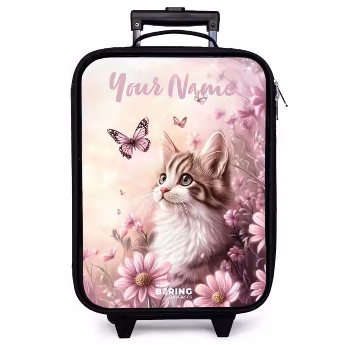 Children's suitcase with name - Kitten - Butterflies - Purple - Flowers