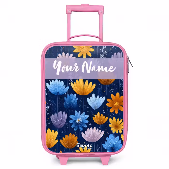 Children's suitcase with name - Pink - Flowers - Pattern - Blue