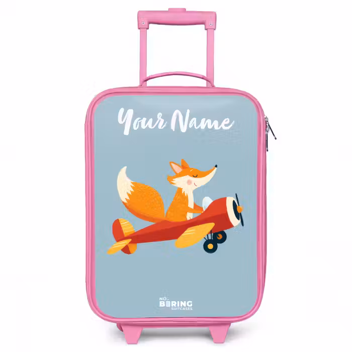 Children's suitcase with name - Pink - Fox - Airplane - Flies