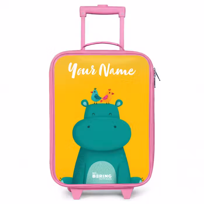 Children's suitcase with name - Pink - Hippo - Birds - Yellow