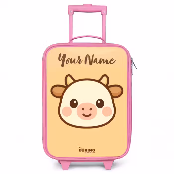 Children's suitcase with name - Pink - Kawai - Cow - Brown