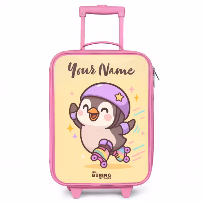 Children's suitcase with name - Pink - Kawai - Penguin - Roller skates