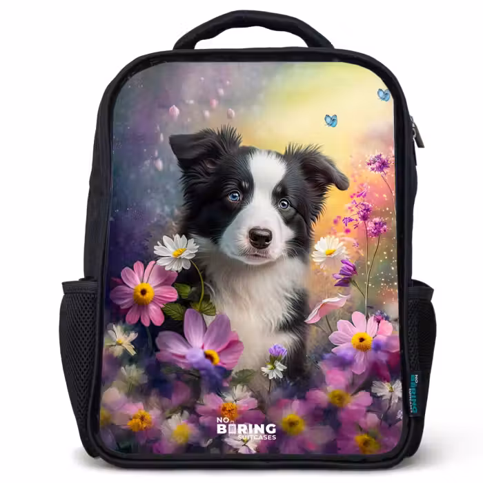 Kids backpack - Black - black and white puppy among colorful flowers