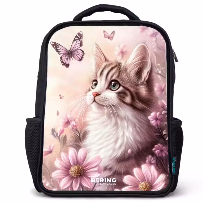Kids backpack - Black - Cat - Purple - Butterflies - Flowers