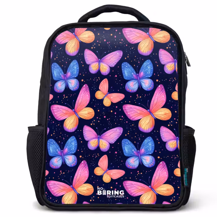 Kids backpack - Black - Colorful butterflies in pink and blue