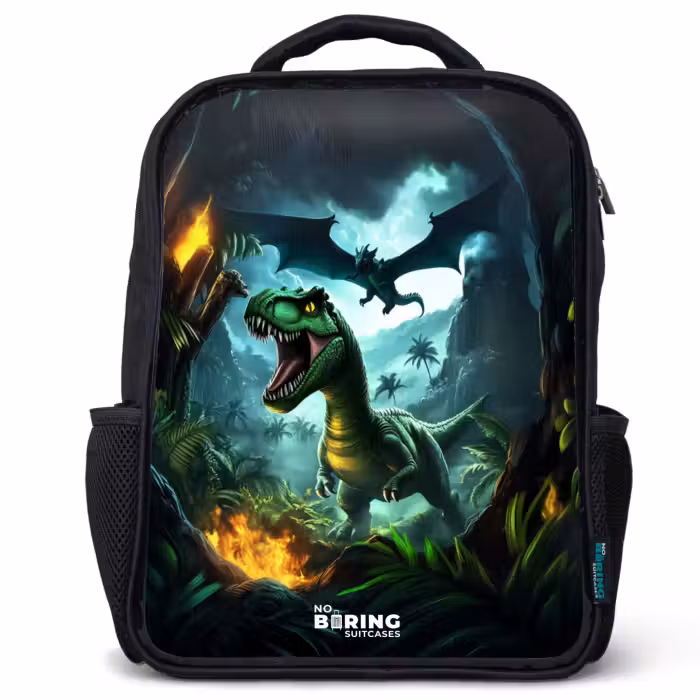 Kids backpack - Black - Dinosaur and dragon in fiery jungle valley
