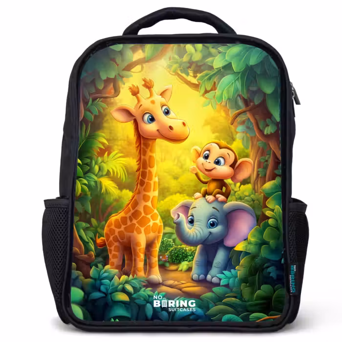 Kids backpack - Black - Giraffe, elephant and monkey in the forest