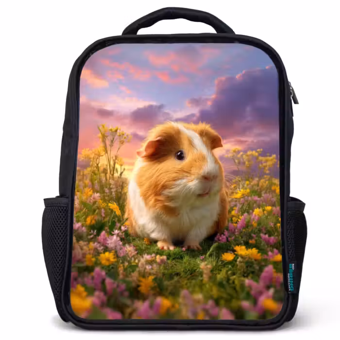 Kids backpack - Black - Guinea pig - Colorful - Flowers
