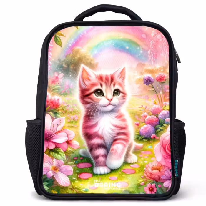Kids backpack - Black - Kitten with rainbow and flowers