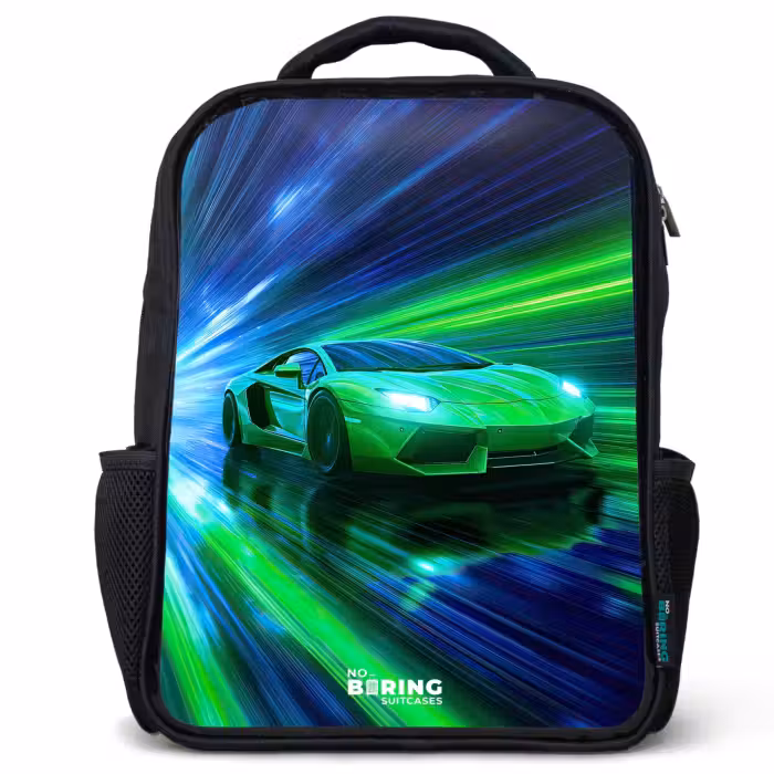 Kids backpack - Black - Race car - Bright green - Beams of light - Speed