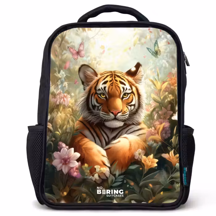 Kids backpack - Black - Tiger in field of flowers with butterflies and sunlight