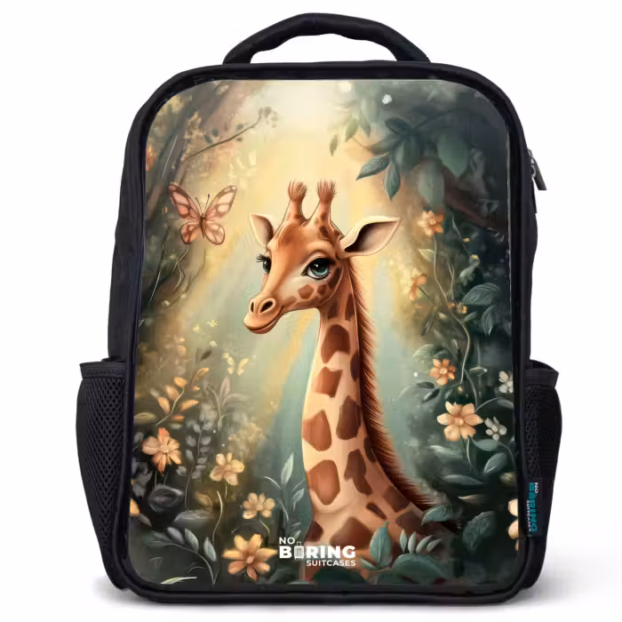 Kids backpack - Black - Young giraffe among flowers in sunny forest