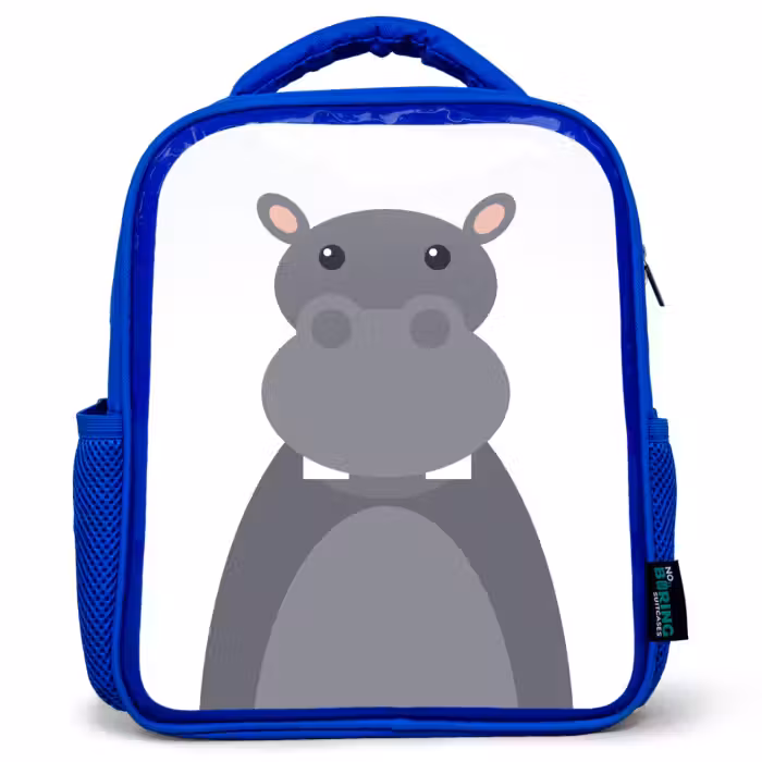 Kids backpack - Blue - Animal portrait - hippopotamus - gray
