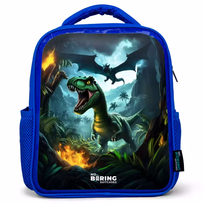 Kids backpack - Blue - Dinosaur and dragon in fiery jungle valley