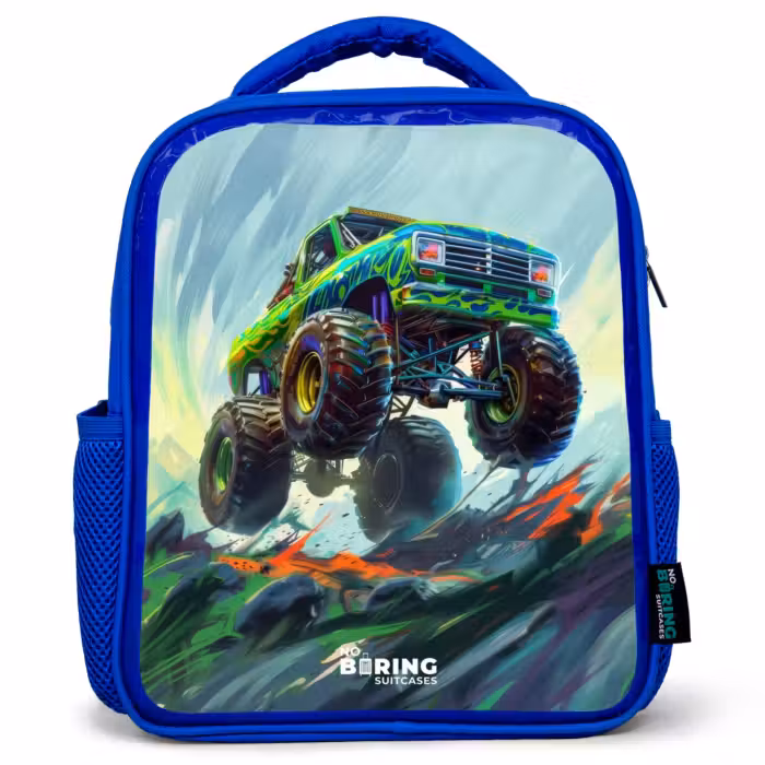 Kids backpack - Blue - Green Monster Truck with Brushstrokes