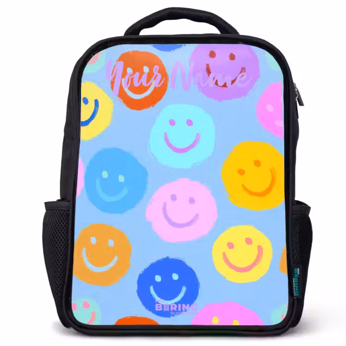 Kids backpack with name - Black - Cheerful pattern of smileys