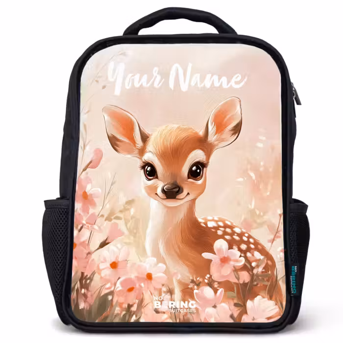 Kids backpack with name - Black - Deer - Flowers - Dots - Pink