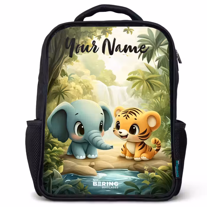 Kids backpack with name - Black - Elephant - Tiger - Forest - Jungle