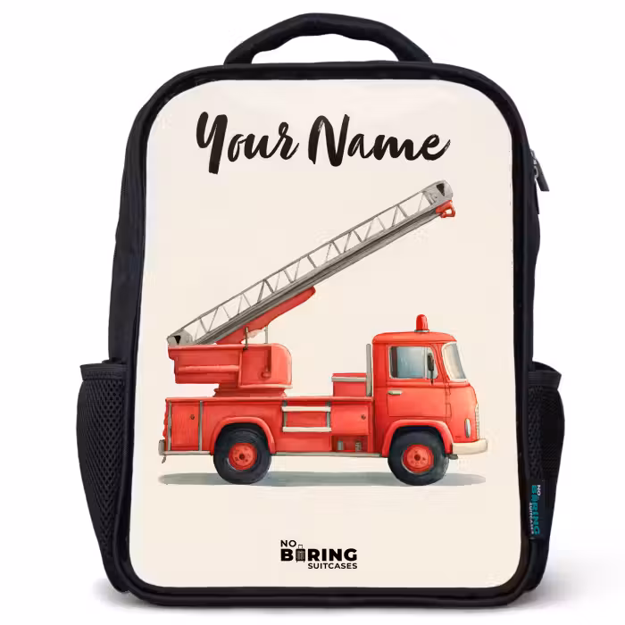 Kids backpack with name - Black - Fire truck - Signed - Red