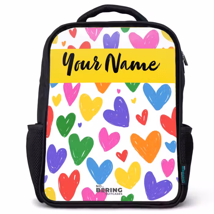 Kids backpack with name - Black - Hearts - Pattern - Colorful