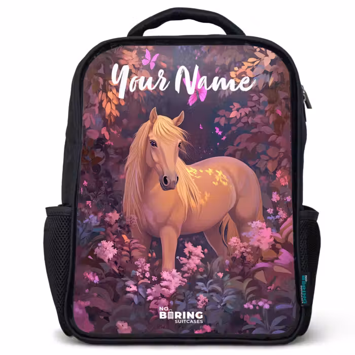 Kids backpack with name - Black - Horse - Flowers - Purple - Butterfly
