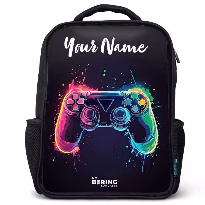 Kids backpack with name - Black - Neon - Controller - Paint splashes - Game