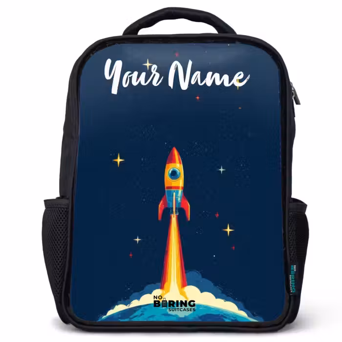 Kids backpack with name - Black - Planet - Rocket - Stars - Dark blue